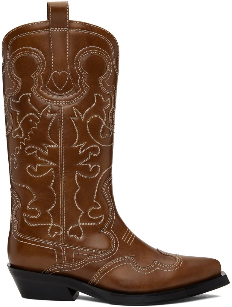 Ganni Brown Mid Shaft Embroidered Western Boots - Shoes