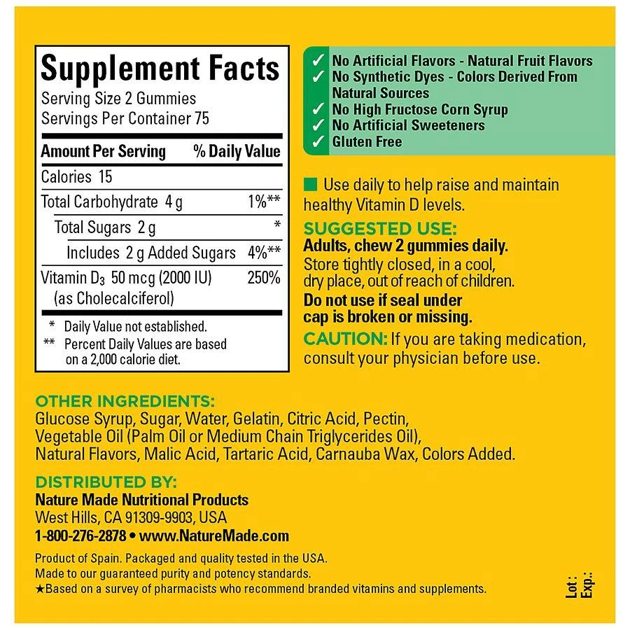 Nature Made Vitamin D3 2000 IU (50 mcg) Per Serving Gummies Strawberry, Peach
Mango 4