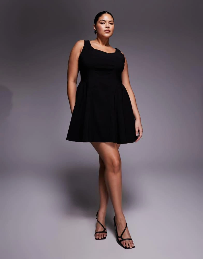 ASOS Design Curve bengaline scoop neck structured flippy mini dress in Black ASOS Design Curve bengaline scoop neck structured flippy mini dress in Black