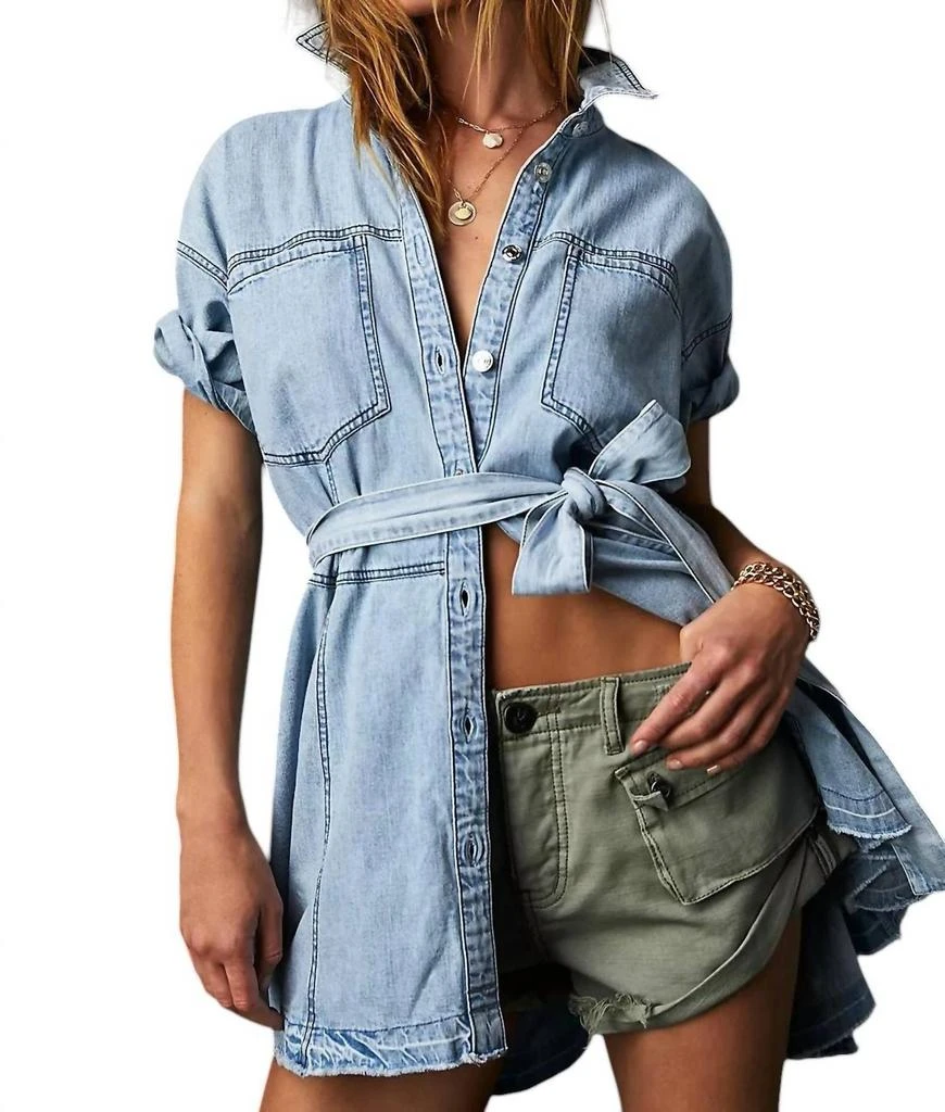 Free People Jenny Denim Tunic Top In Light Indigo Combo 2