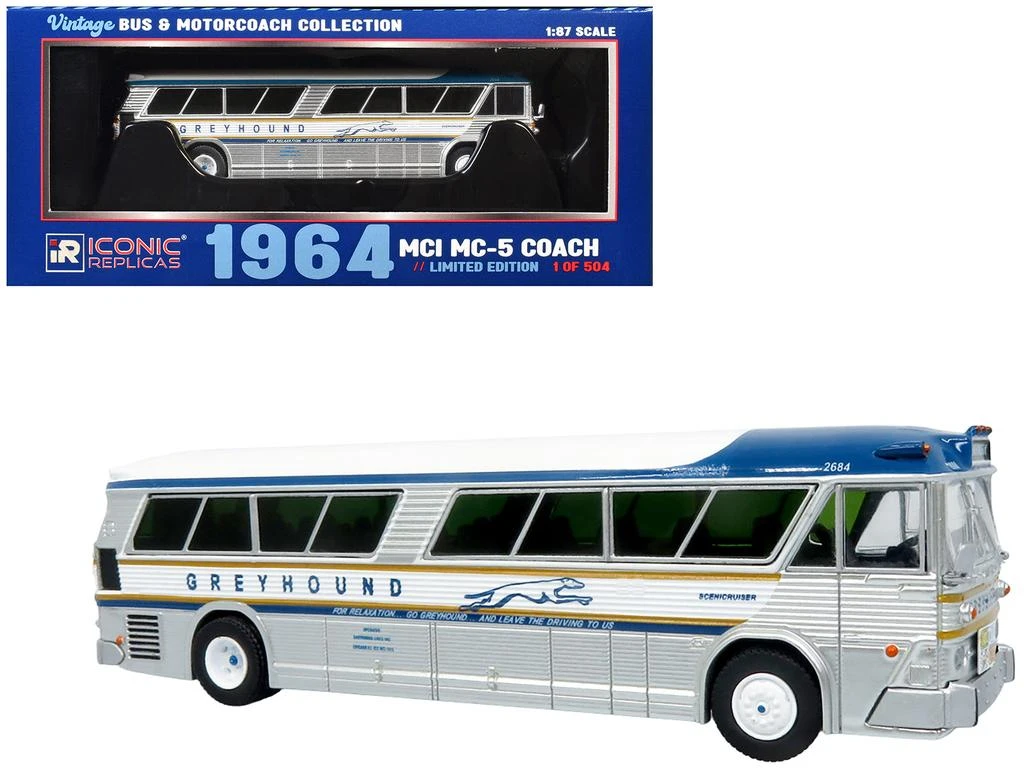 Iconic Replicas 1964 MCI MC-5A Coach Bus Greyhound Golden Anniversary Silver Blue Gold Stripes 1/87 HO Vintage Bus Limited 504 pcs