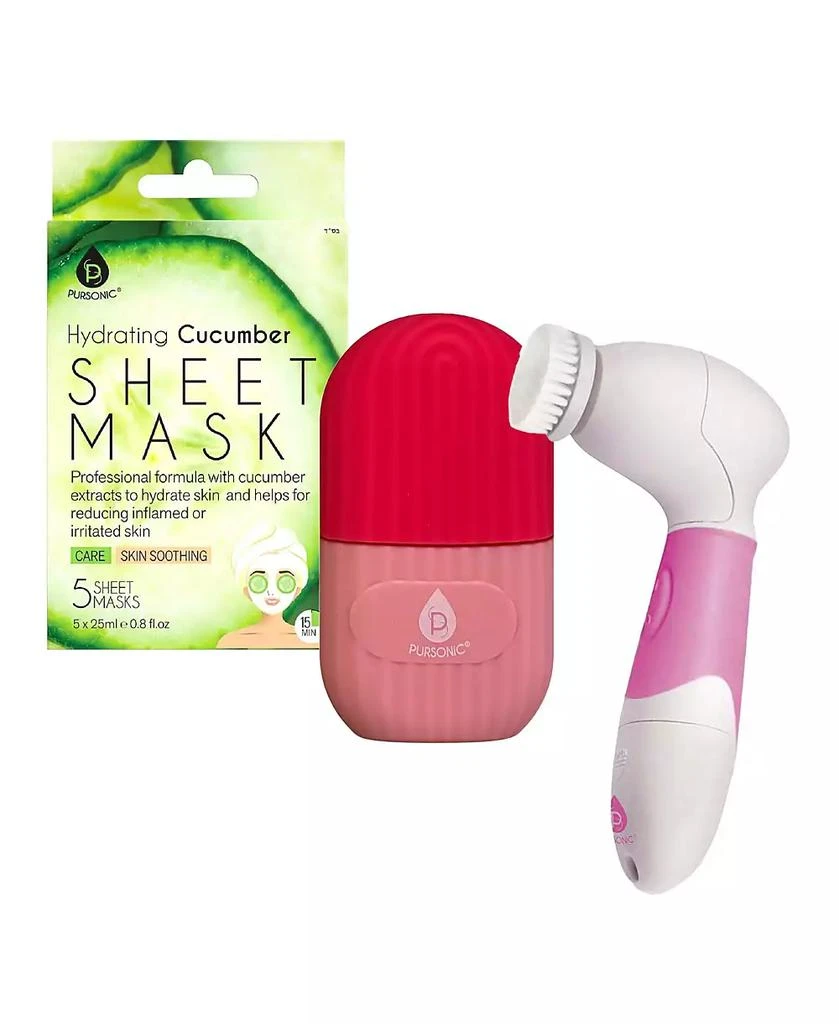 PURSONIC De-Puff Skin Set  Ice Cube Facial Roller, Hydrating Cucumber Sheet Masks 
Advanced Cleansing Brush