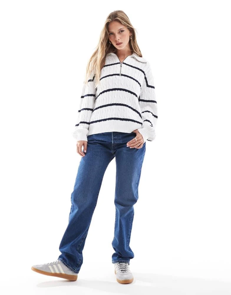 HOLLISTER Hollister half zip striped jumper in navy and white 3