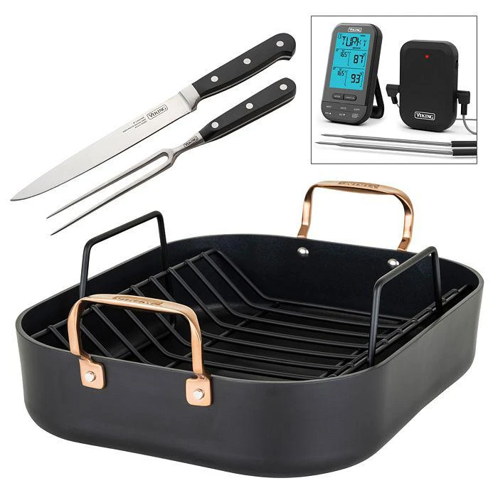 Viking Roaster Set with Rack, 2-Piece Carving Set & Wireless Thermometer 1