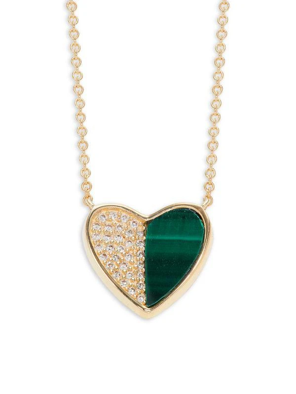 Saks Fifth Avenue 14K Yellow Gold, Malachite & Diamond Heart Pendant Necklace 1