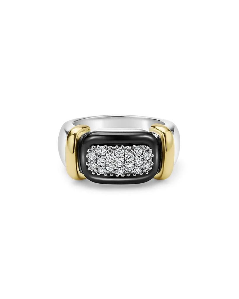 LAGOS 18K Yellow Gold 
Sterling Silver Black Caviar Diamond 
Black Ceramic Cluster Ring 5