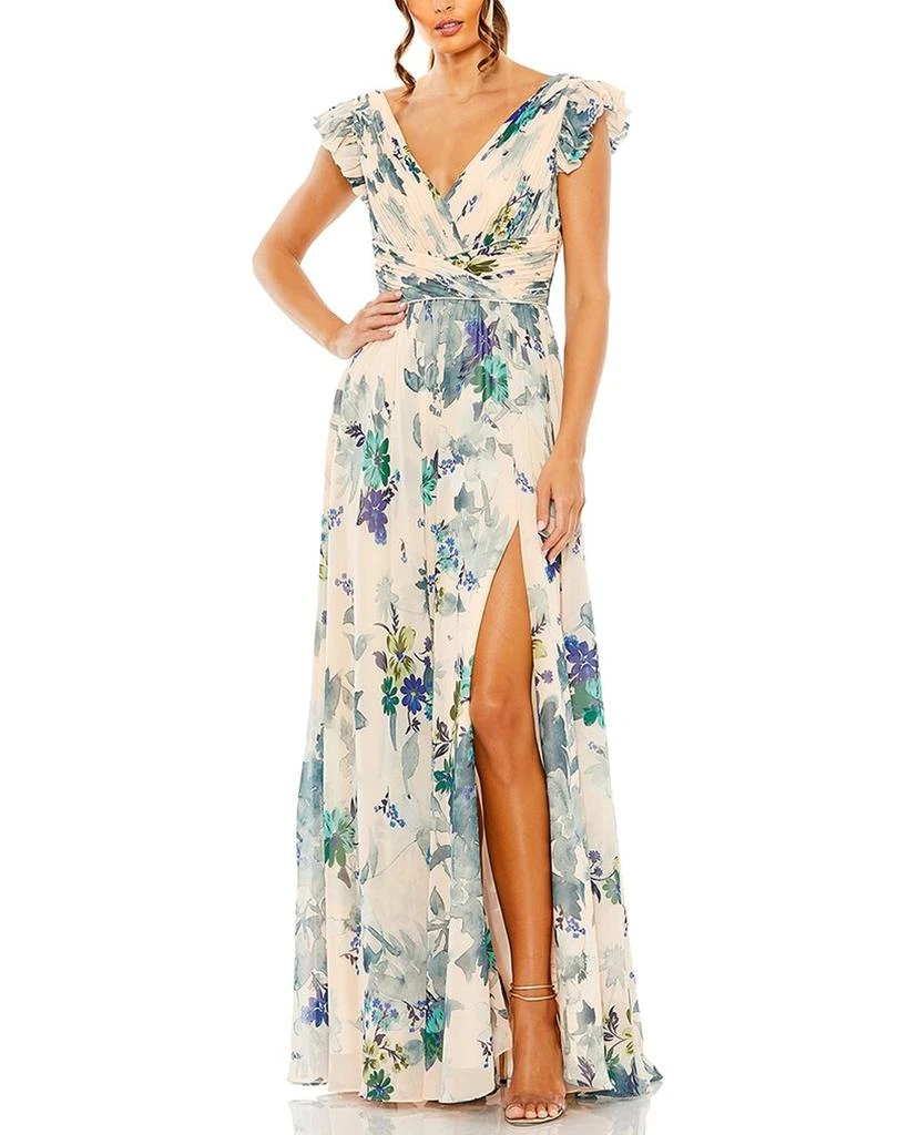 mac duggal flutter sleeve formal appliqué maxi dress Embroidered Applique Wrap Over Flutter Sleeve Gown main image 0