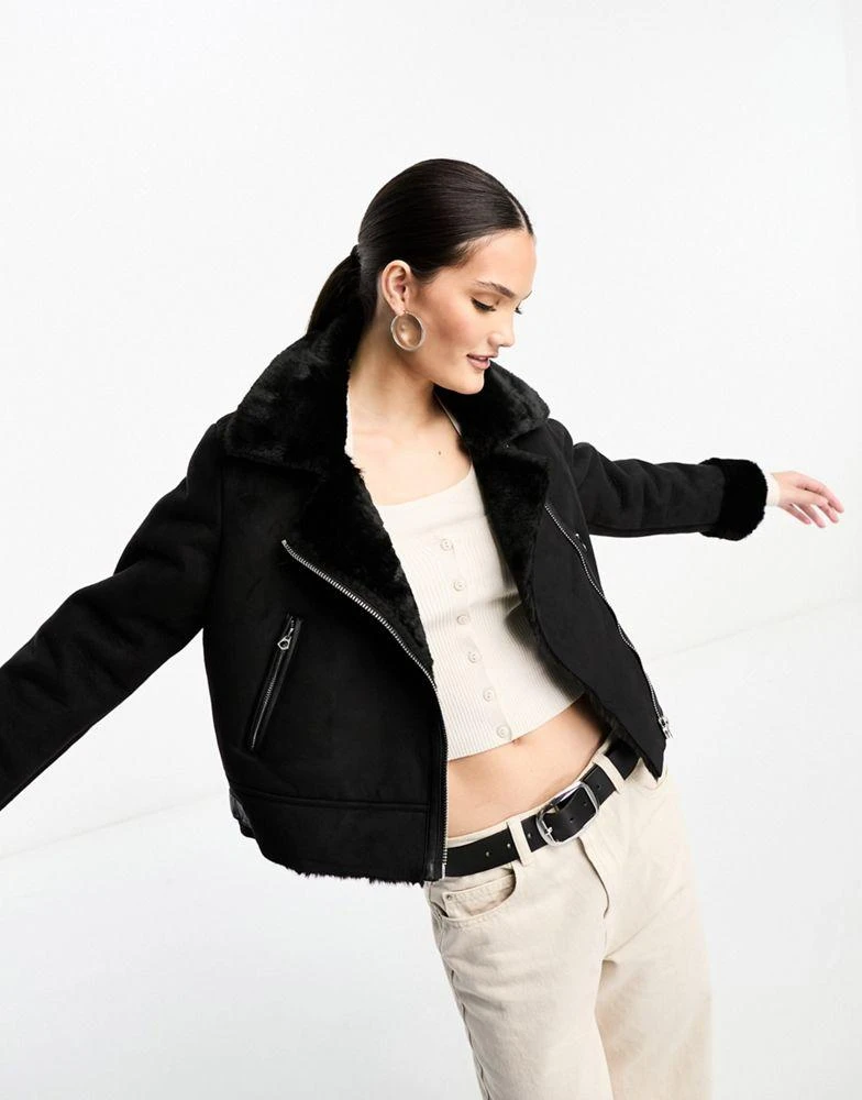 Stradivarius Stradivarius cropped aviator jacket in black 1