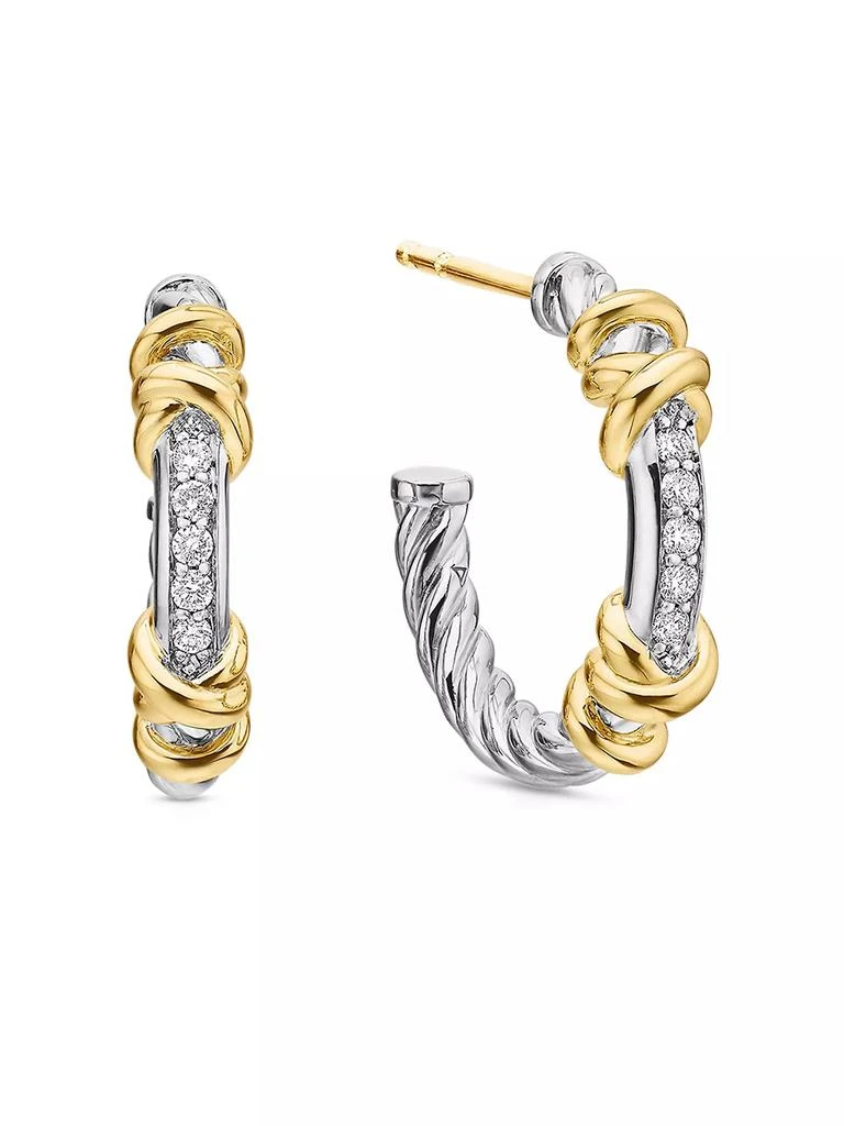 David Yurman Petite Helena Wrap Hoop Earrings in Sterling Silver with 18K Yellow Gold and Diamonds, 3/4in 1
