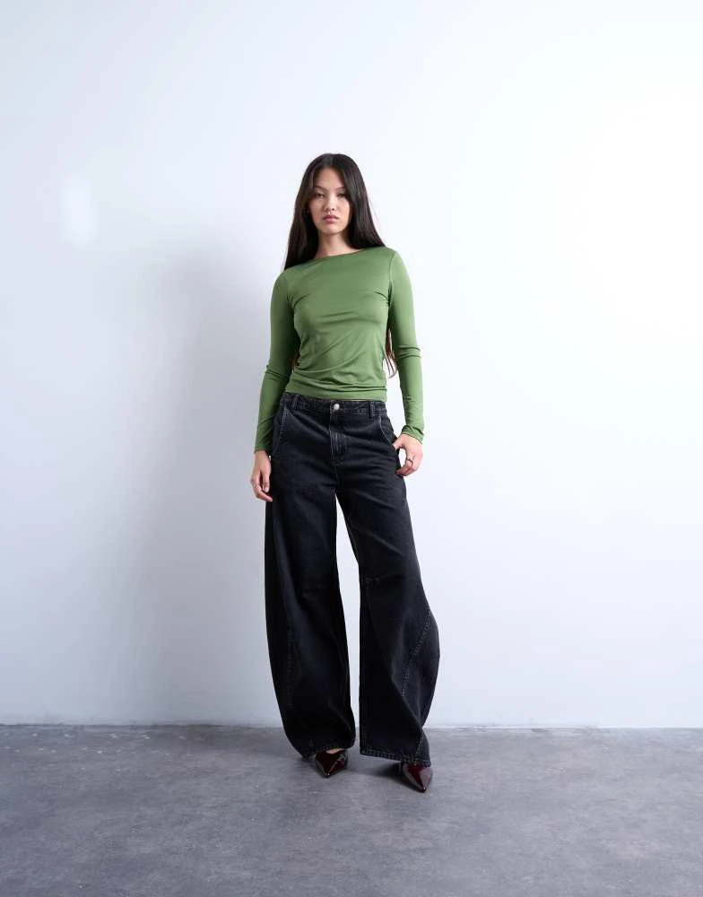 Topshop Topshop slinky crew neck long sleeve top in khaki 2