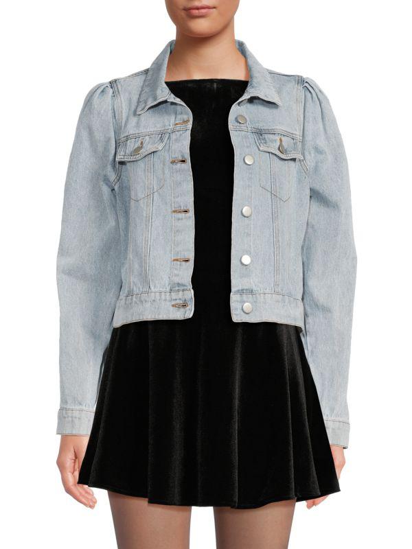 Lea & Viola Puff-Shoulder Cropped Denim Jacket