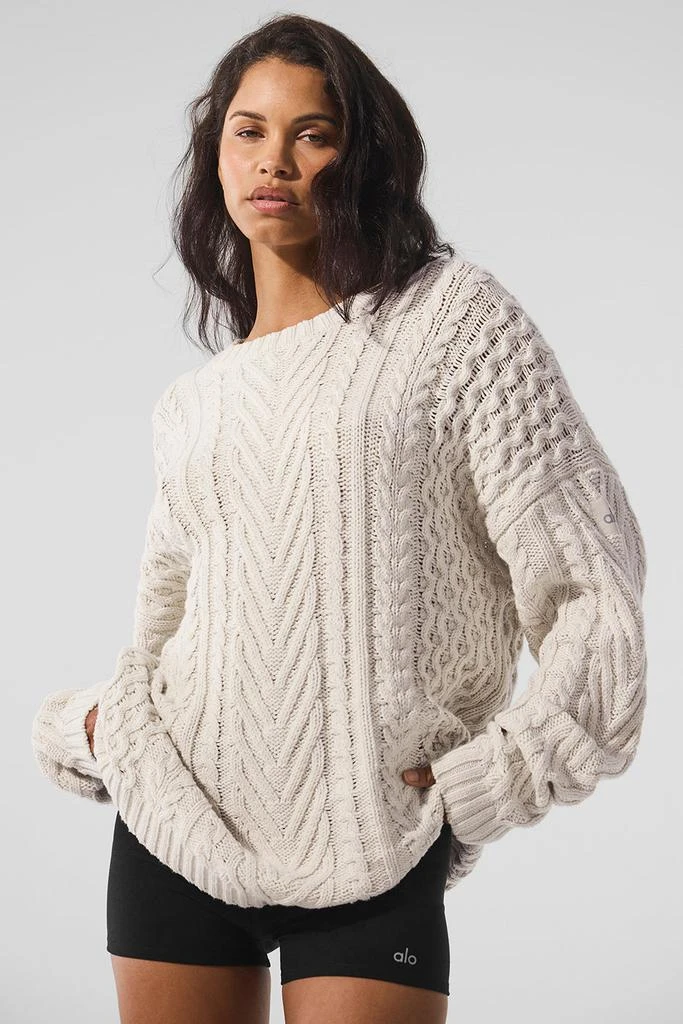 Alo Cable Knit Crew Neck Sweater - Bone 1