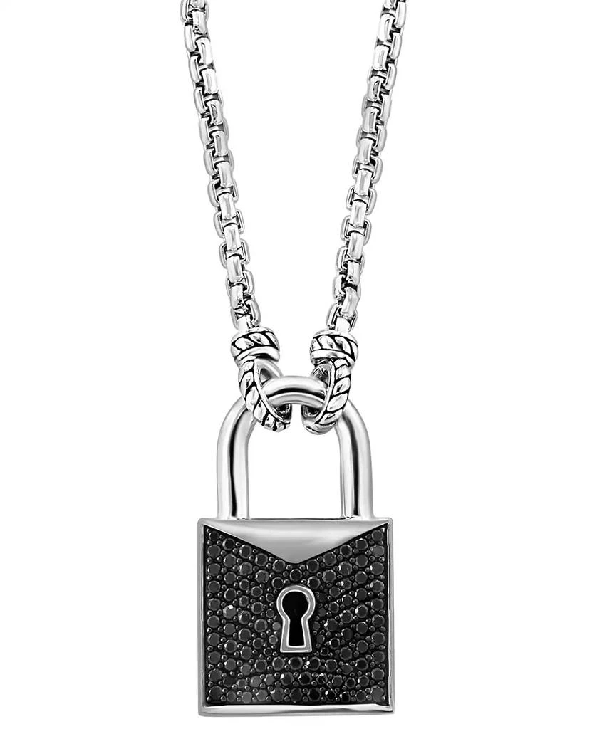 Effy EFFY® Men's Black Spinel Padlock 22" Pendant Necklace (1-1/2 ct. t.w.) in Sterling Silver 1