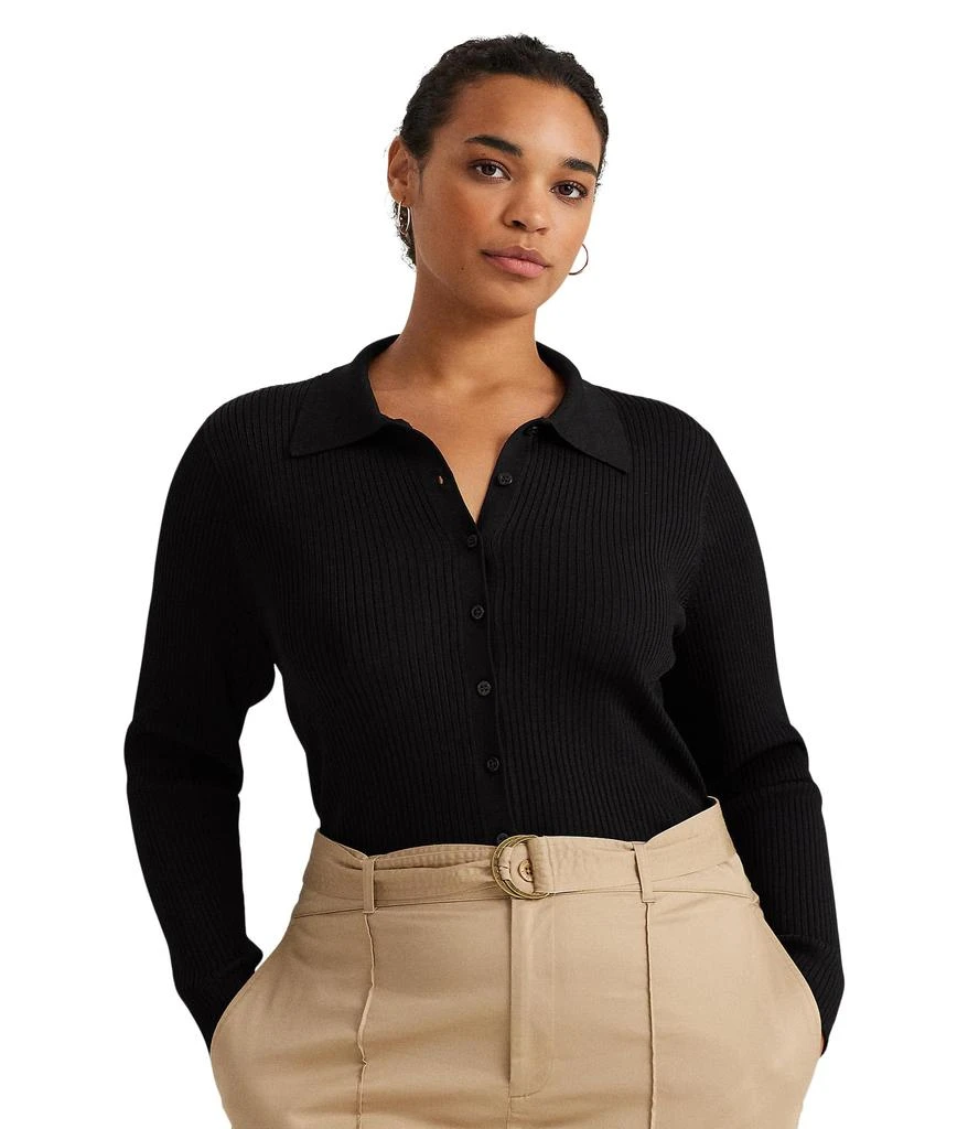 Lauren Ralph Lauren Plus-Size Rib-Knit Long-Sleeve Polo Cardigan 1