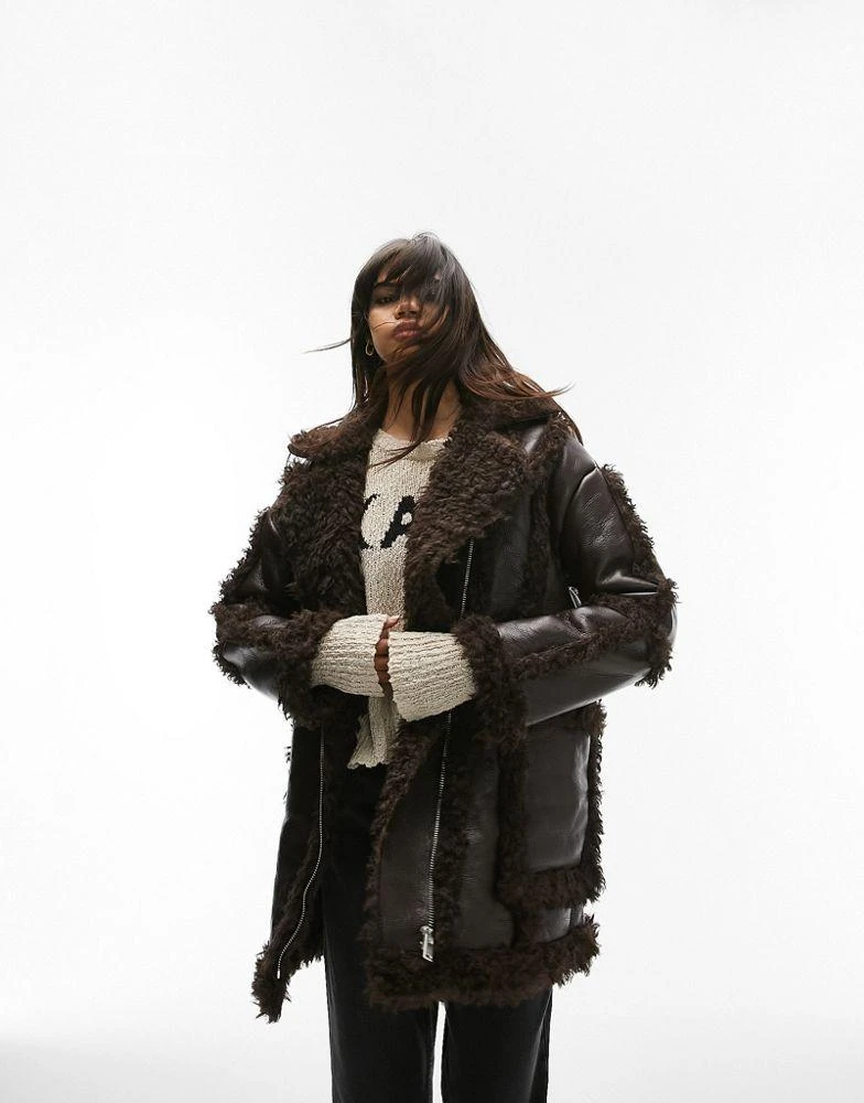 Topshop Topshop faux shearling mid length aviator jacket with faux fur details in brown 2