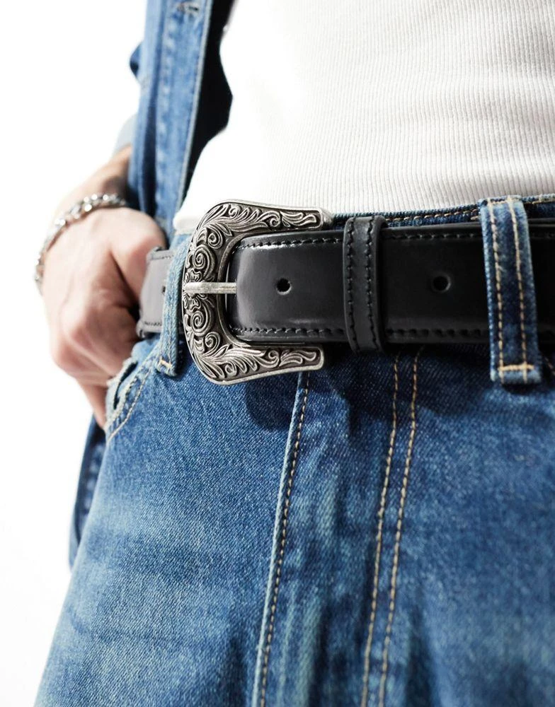 ASOS ASOS DESIGN leather woven belt with western buckle in black 2