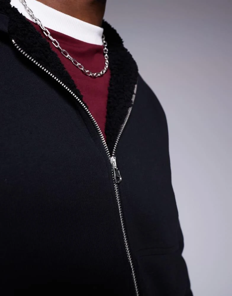 ASOS ASOS DESIGN oversized boxy zip through hoodie with borg lining in black 3