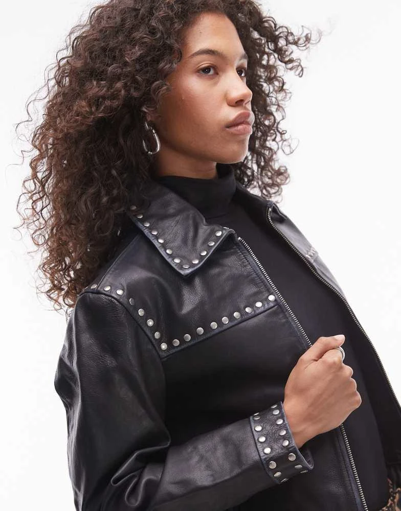 Mango Mango studded leather jacket in black 3