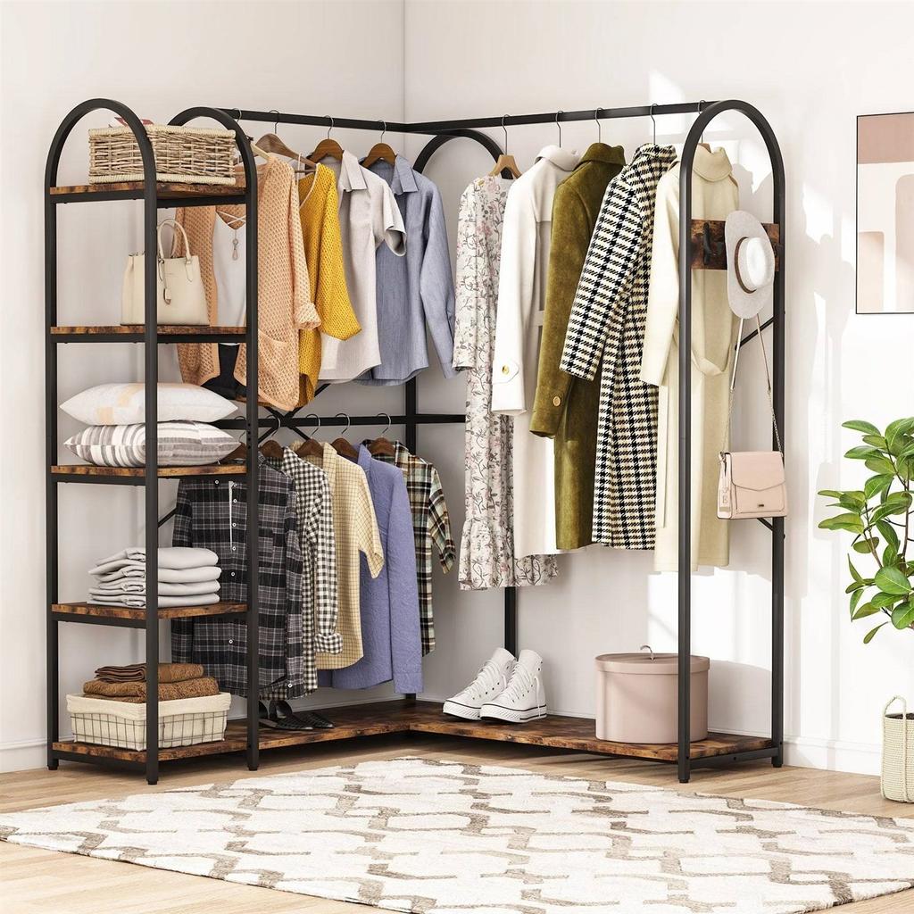 QuikFurn Corner L-Shaped Garment Rack with Clothing Hanging Rods and Storage Shelves
