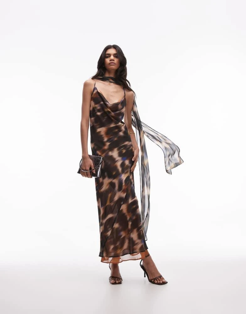 Topshop Topshop cowl slip midi dress in blurred multi print with scarf 1