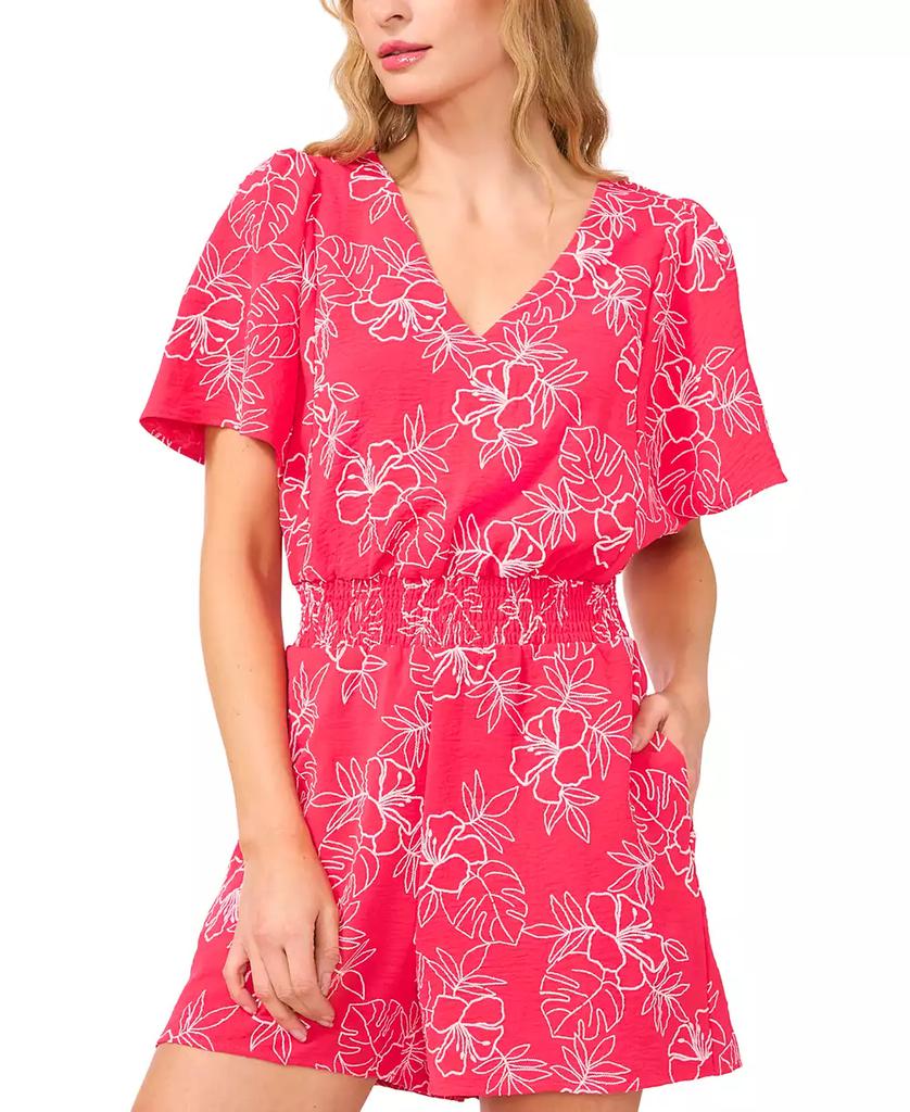 CeCe Women's V-Neck Smocked-Waist Flutter-Sleeve Romper