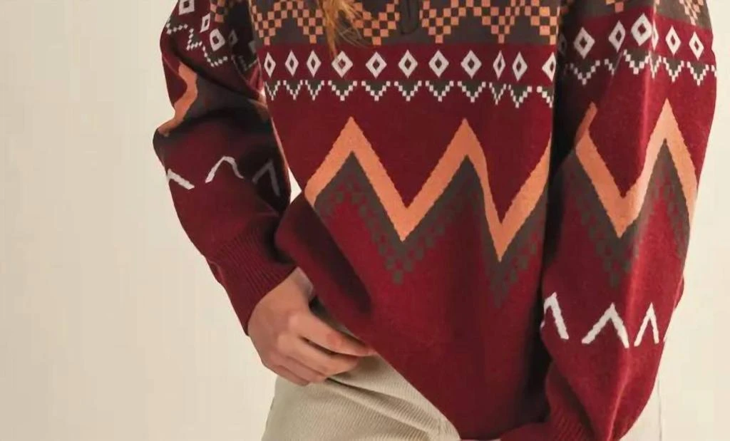 &merci &Merci - Geometric Knit Mock Neck Half Zip Pullover Sweater