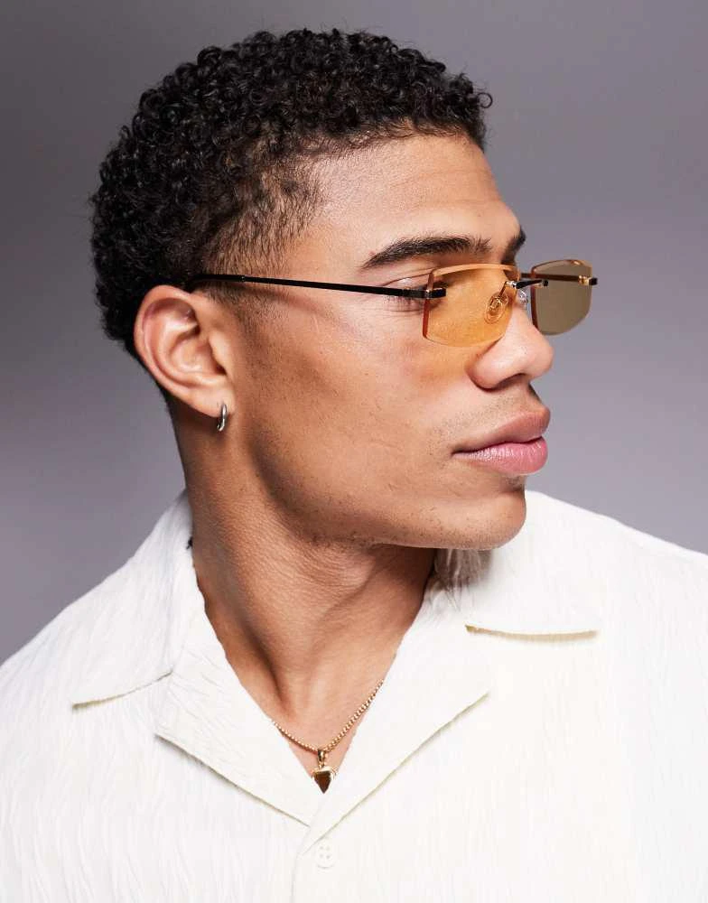 ASOS ASOS DESIGN rectangle rimless sunglasses with yellow lens and gold temples 3