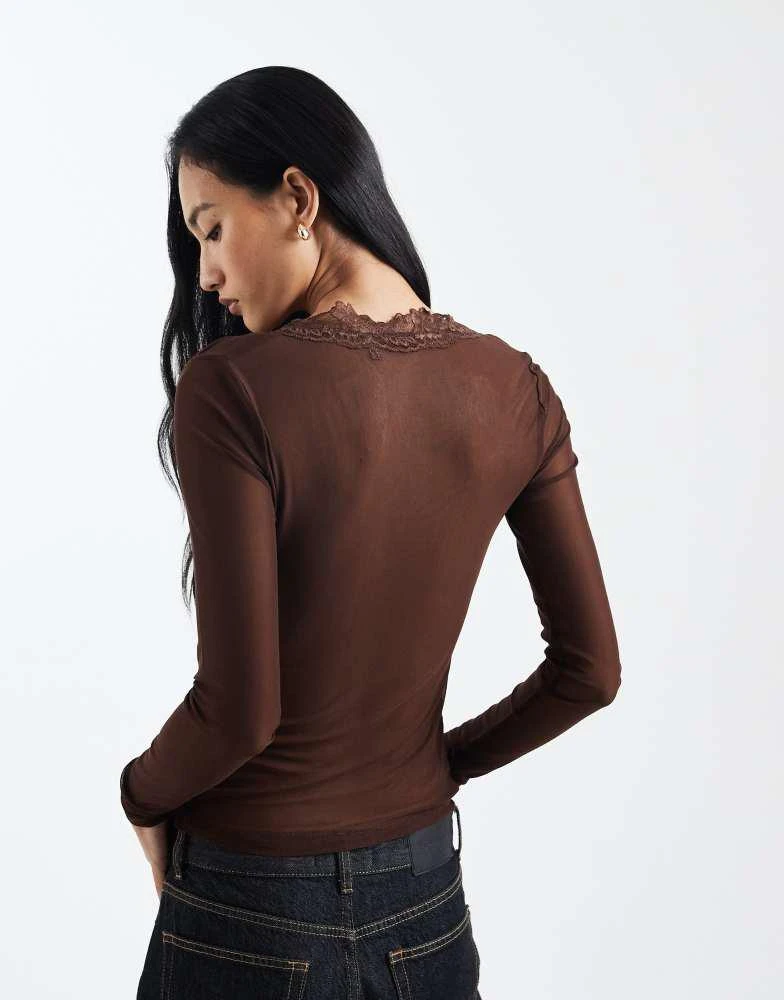 ASOS ASOS DESIGN mesh lace trim plunge long sleeve top in chocolate 4