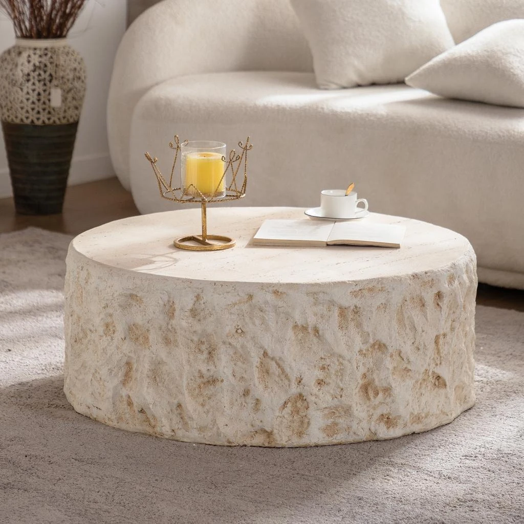 Streamdale Furniture Streamdale Mid-Century Round Faux Stone Coffee Table for Living Room 3