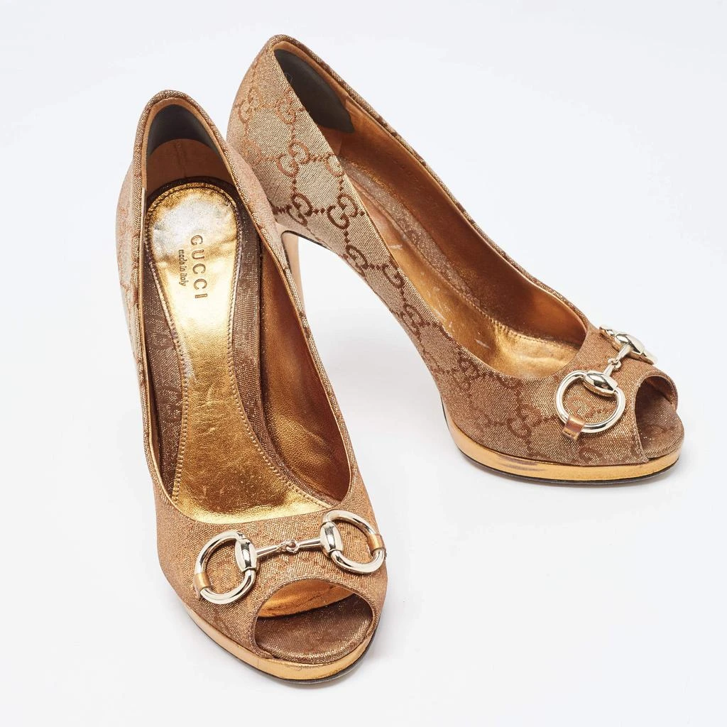 Gucci Gucci Bronze GG Canvas and Leather New Hollywood Horsebit Peep Toe Pumps Size 37 4
