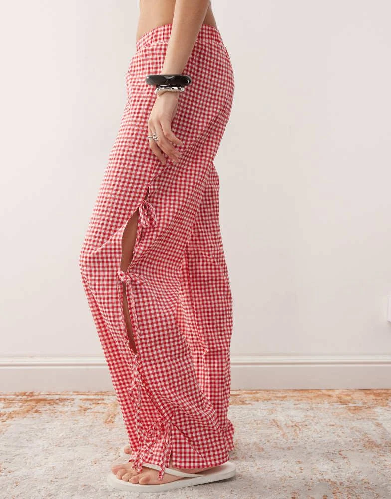 Noisy May Noisy May wide leg side tie detail trousers in red gingham 3