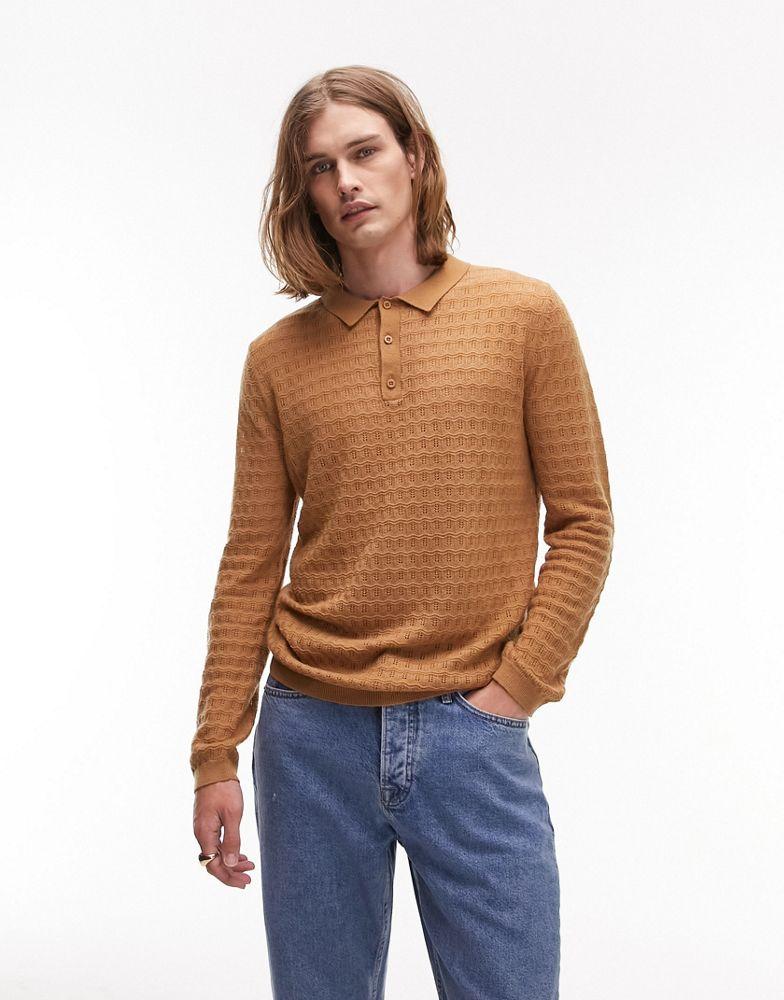 Topman Topman textured knitted long sleeve polo in brown