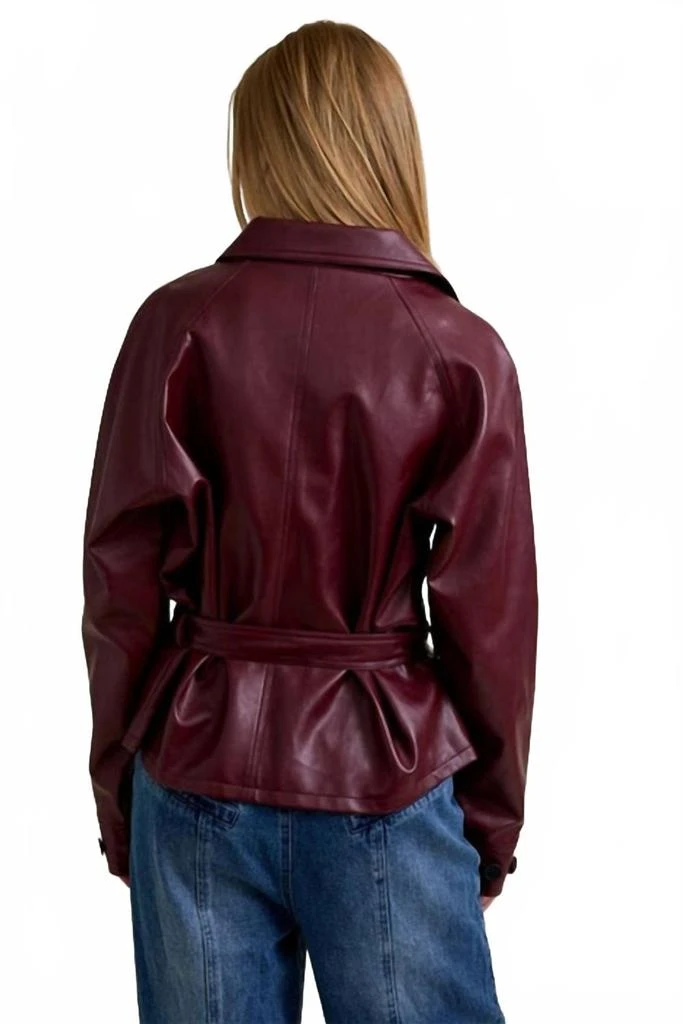 LE LIS Short Faux Leather Trench Coat In Burgandy 2