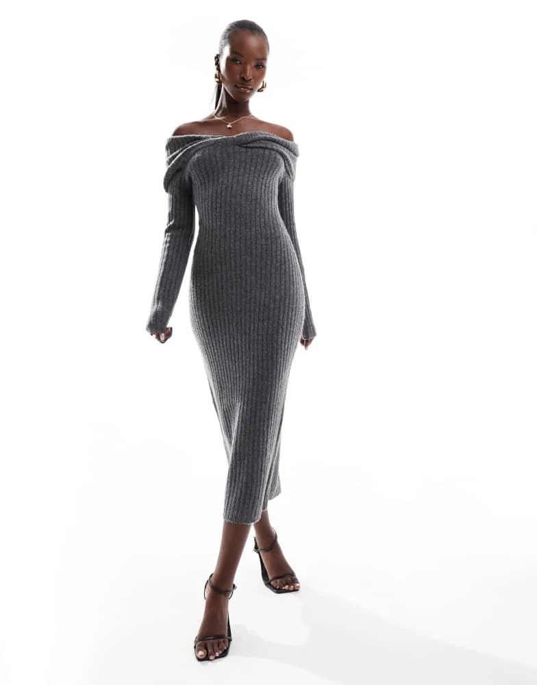 In The Style In The Style knitted bardot twist midi jumper dress in charcoal 1