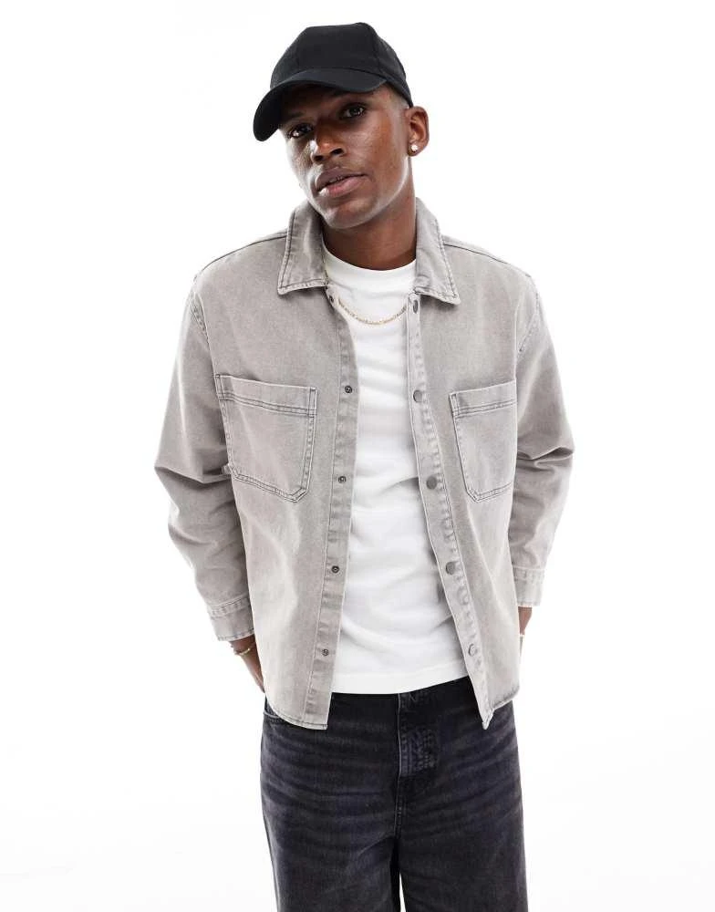 Pull&Bear Pull&Bear denim acid washed overshirt in grey 1