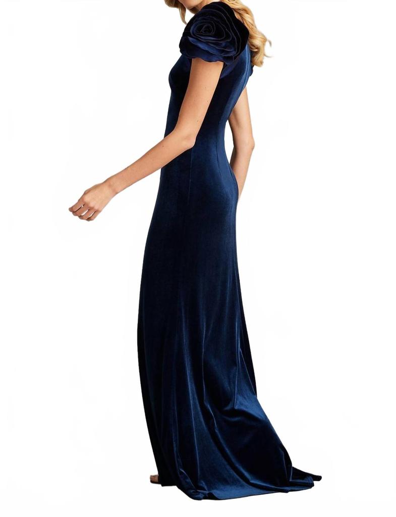 Tadashi Shoji Maylee Rosette Shoulder Velvet Gown In Navy