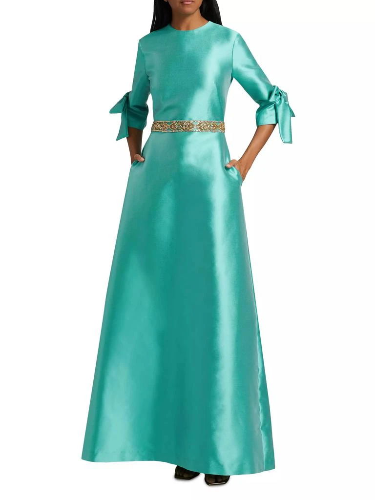 REEM ACRA Satin Embellished Bow-Cuff Gown 2