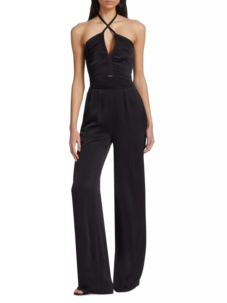 Ramy Brook Maddy Smocked Satin Wide-Leg Jumpsuit