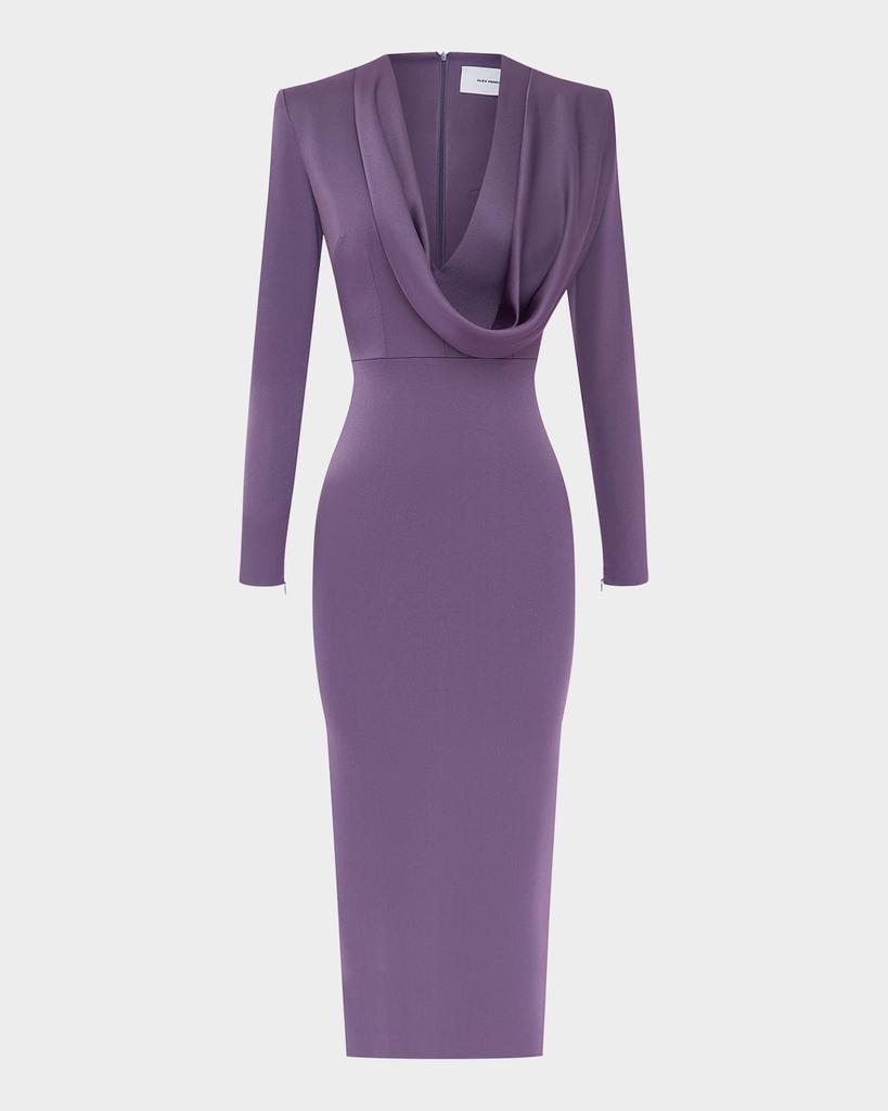 Alex Perry Draped Cowl-Neck Strong-Shoulder Satin Crepe Midi Dress