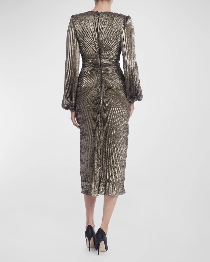 Badgley Mischka Pleated Metallic Blouson-Sleeve Midi Dress 3