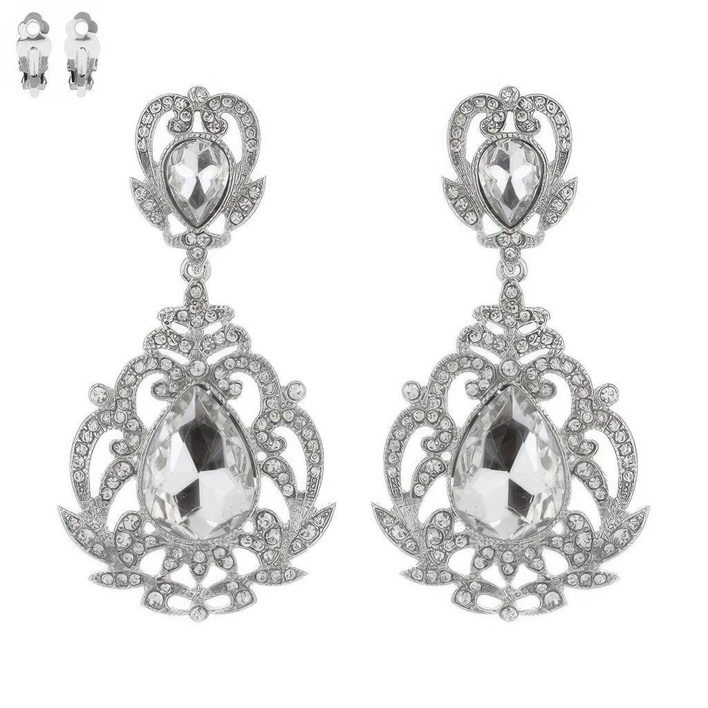 TRUEDAMES Crystal Teardrop Shaped Filigree Clip On Earrings 5