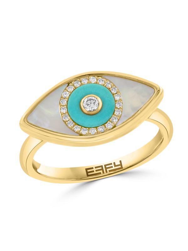 Effy 14K Yellow Gold, Mother Of Pearl, Turquoise & Diamond Ring