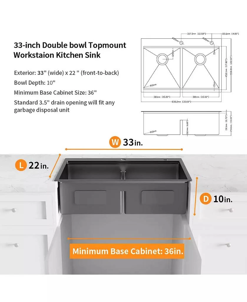 Flynama 33inch Gunmetal Black Topmount Workstation Kitchen Sink 16 Gauge Stainless Steel Double Bowl 3