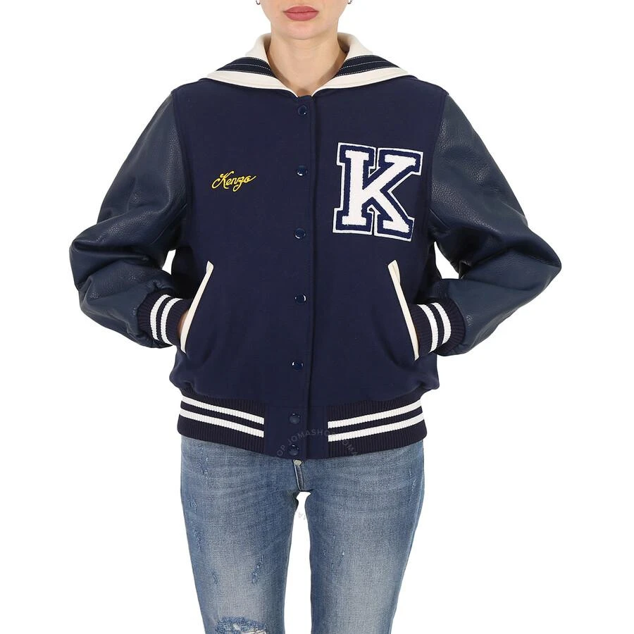 Kenzo Kenzo Ladies Midnight Blue Varsity Wool And Leather Jacket, Size Small 1