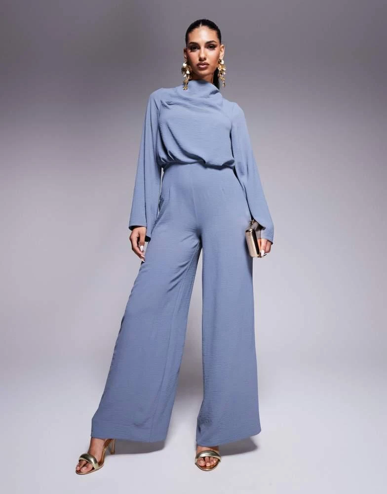 ASOS ASOS DESIGN cowl neck long sleeve jumpsuit with open back in dusky blue 1