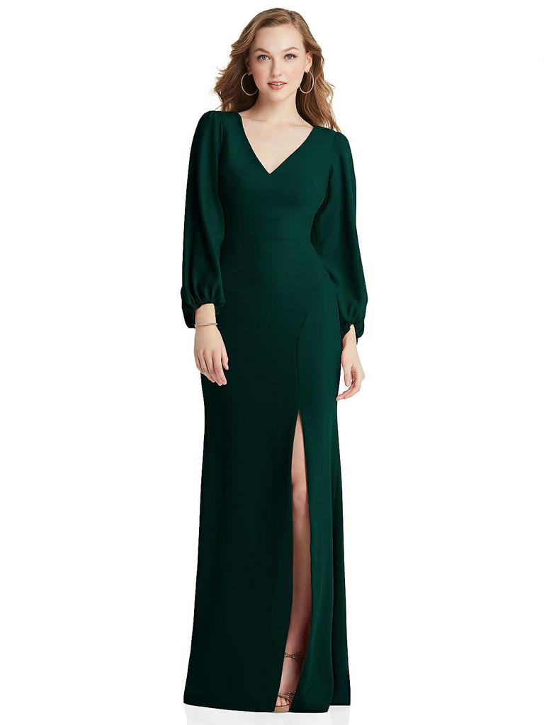 Dessy Collection Long Puff Sleeve V-Neck Trumpet Gown