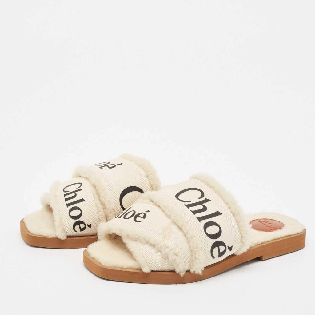 Chloé Chloe White Canvas and Shearling Woody Flat Sandals Size 37 2