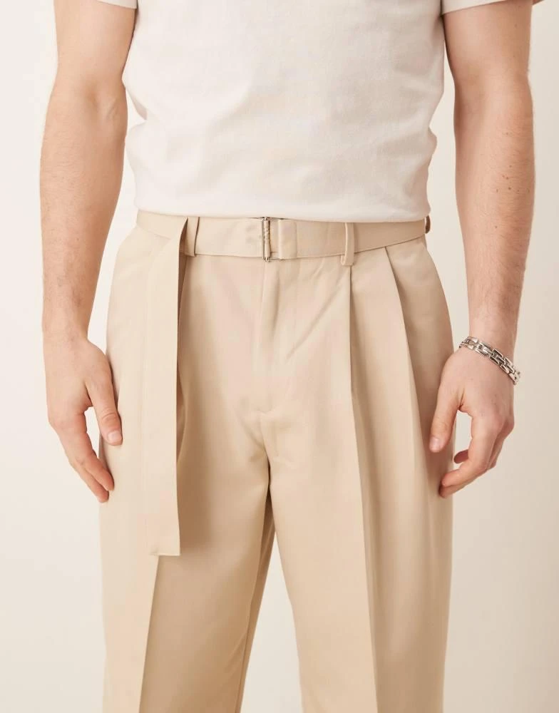 ASOS ASOS DESIGN smart belted wide leg trousers with front double pleats in beige 2