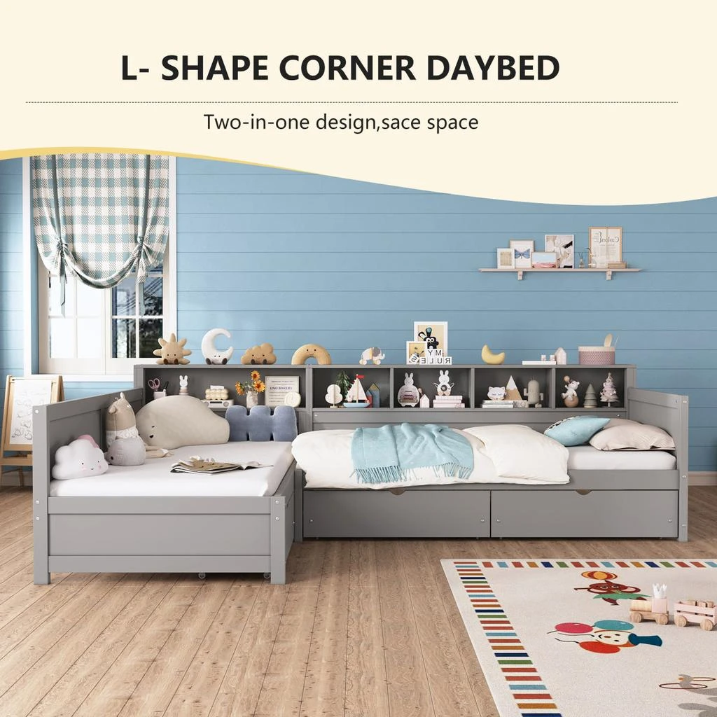 Streamdale Furniture Streamdale Twin L-Shape Day Bed with Storage Drawers 
Bookshelf - Gray 3