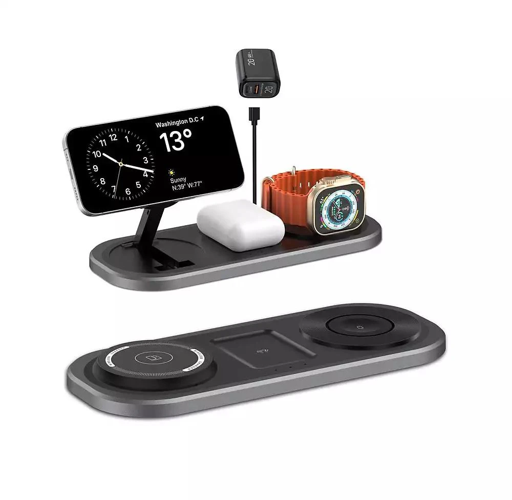 risokeys Foldable Wireless Charger with Charging Port - Magnetic 3-in-1 Charging Station, Watch and Earphone for Desktop